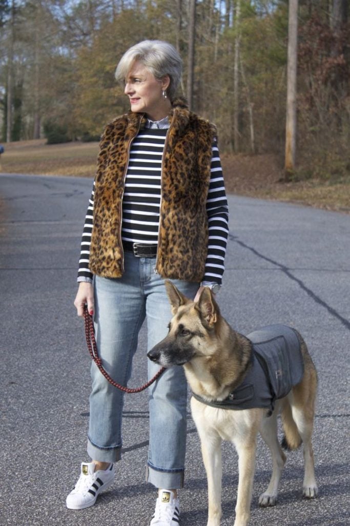 ralph lauren striped tee, j.crew striped shirt, banana republic denim, adidas sneakers, j.crew leopard vest