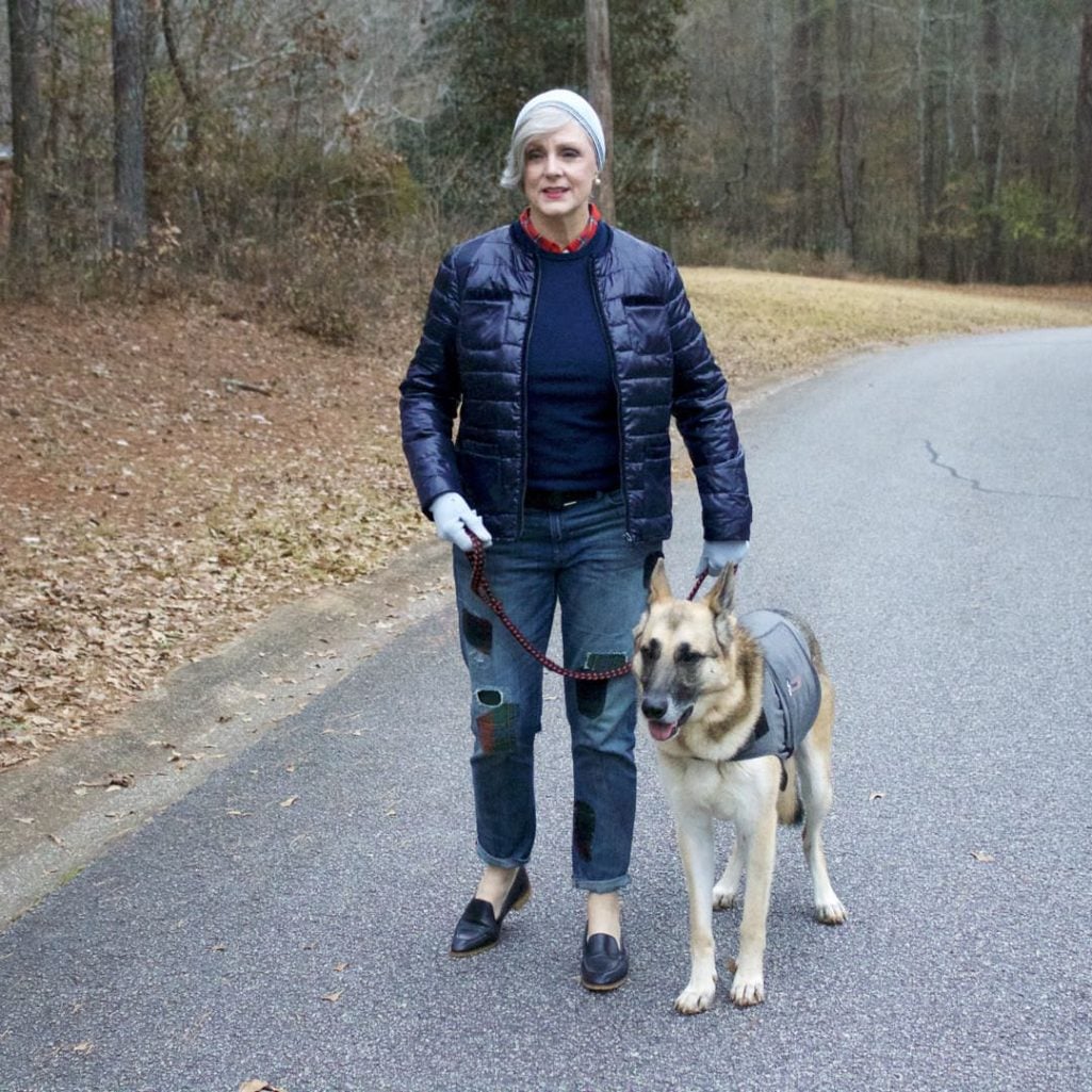 talbots puffer jacket, ralph lauren patchwork denim, j.crew plaid shirt, everlane loafers
