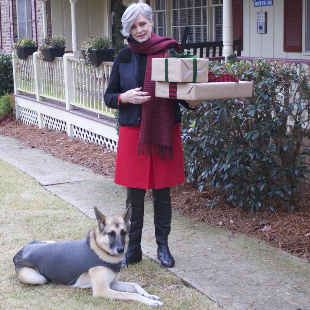 talbots red skirt, talbots cashmere crewneck, ralph lauren puffer vest, over the knee boots