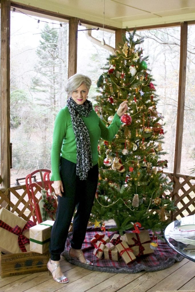 talbots green sweater, ralph lauren silk jogger pants. metallic sandals, leopard scarf
