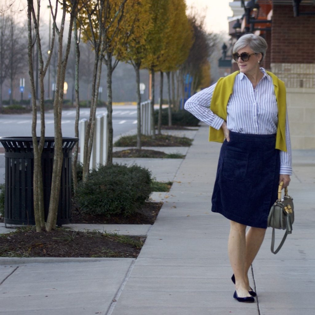 anthropologie skirt, madewell striped shirt, j.crew cashmere sweater, kate spade velvet ballet flats