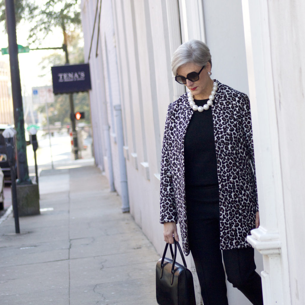 dorothy perkins leopard coat, ann taylor black pants, black cashmere sweater, j.crew pointy toe flats
