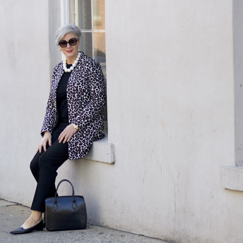 dorothy perkins leopard coat, ann taylor black pants, black cashmere sweater, j.crew pointy toe flats