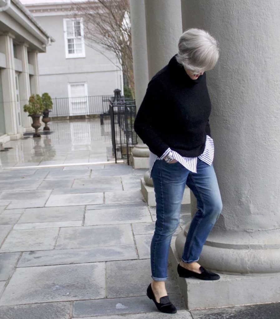 j.crew turtleneck, banana republic girlfriend jeans, tahari smoking slippers, talbots tweed handbag