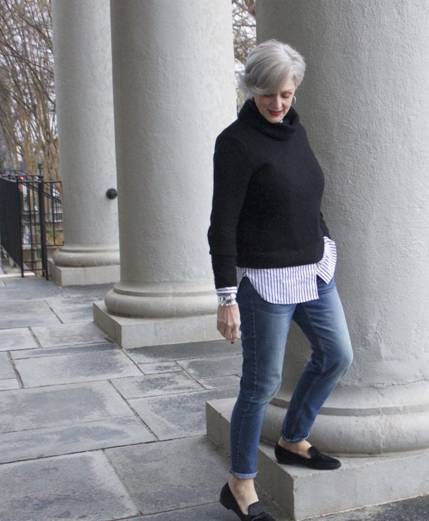 j.crew turtleneck, banana republic girlfriend jeans, tahari smoking slippers, talbots tweed handbag