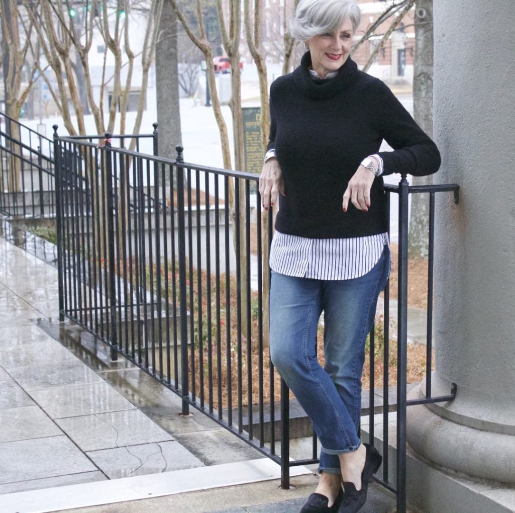 j.crew turtleneck, banana republic girlfriend jeans, tahari smoking slippers, talbots tweed handbag