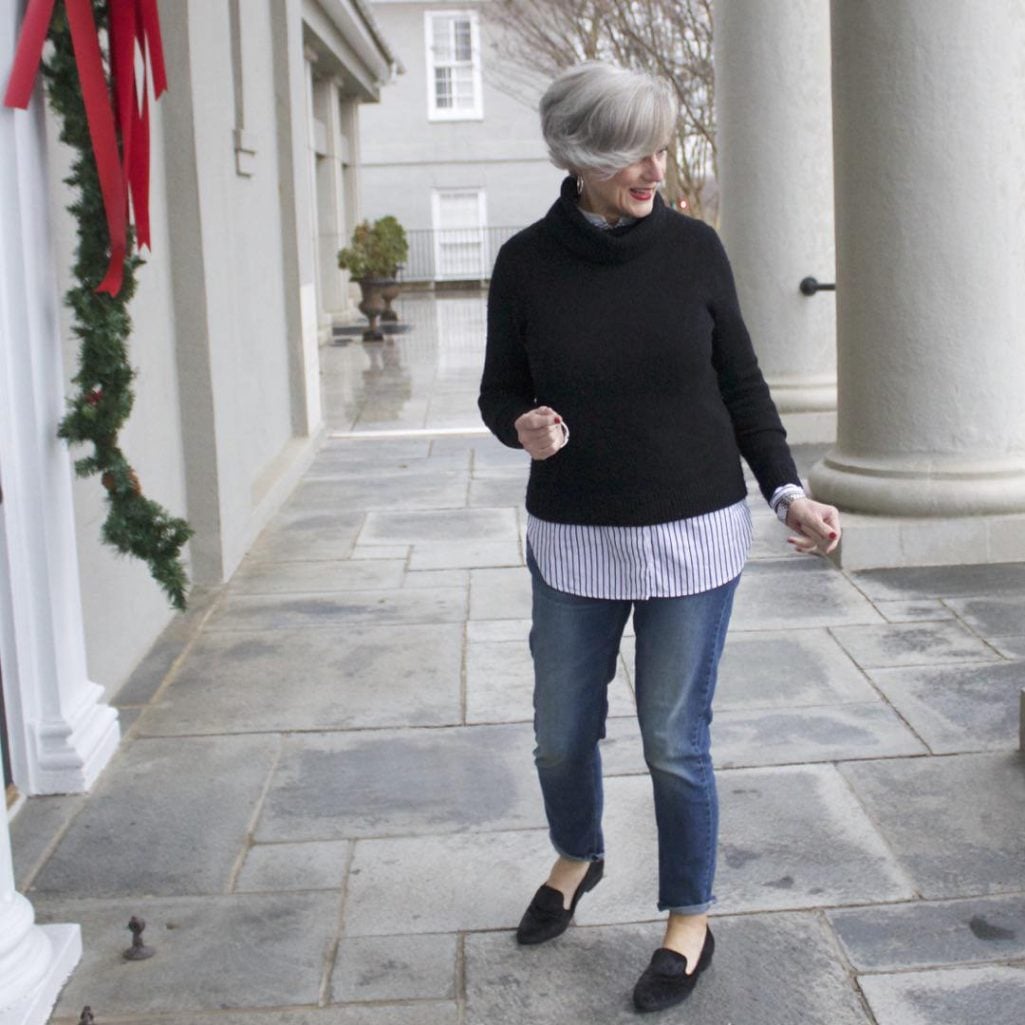 j.crew turtleneck, banana republic girlfriend jeans, tahari smoking slippers, talbots tweed handbag