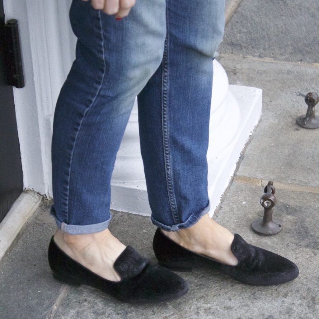 j.crew turtleneck, banana republic girlfriend jeans, tahari smoking slippers, talbots tweed handbag