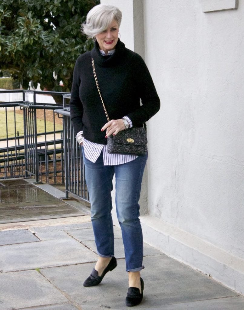 j.crew turtleneck, banana republic girlfriend jeans, tahari smoking slippers, talbots tweed handbag