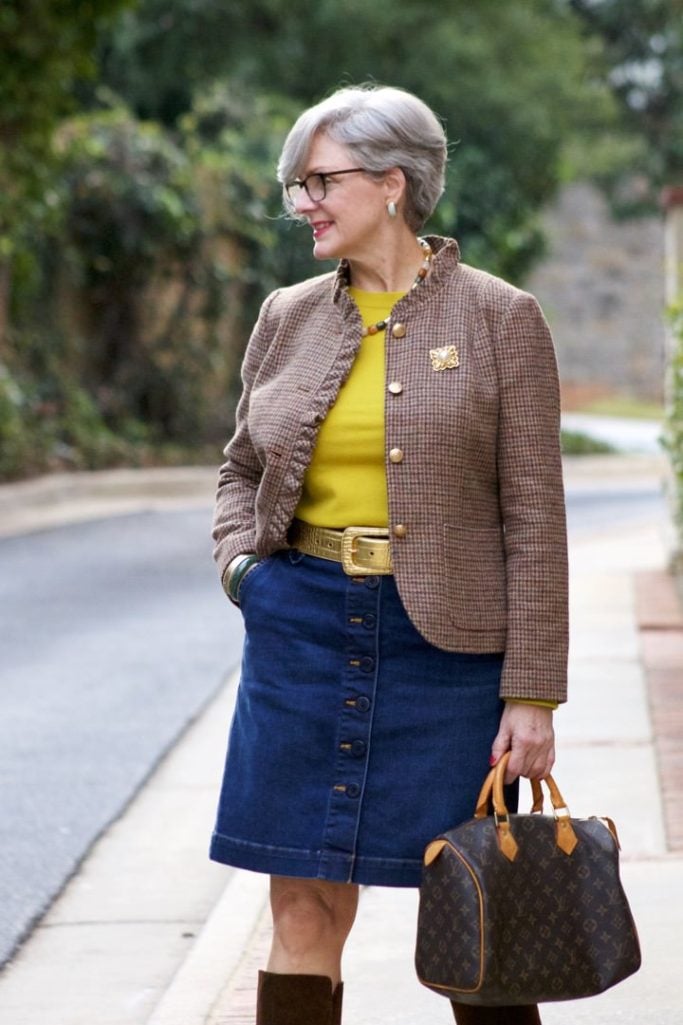 talbots check blazer, talbots denim skirt, j.crew cashmer sweater, j.crew suede boots