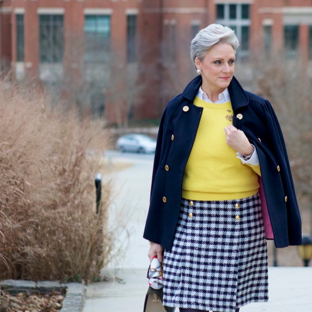 talbots houndstooth skirt, talbots seqiun sweater, navy peacoat, hermes silk scarf