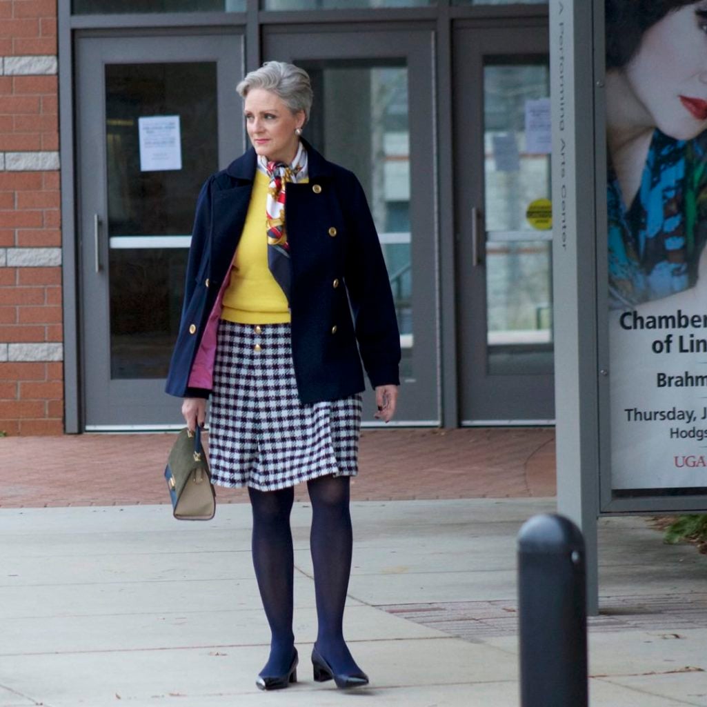 talbots houndstooth skirt, talbots seqiun sweater, navy peacoat, hermes silk scarf