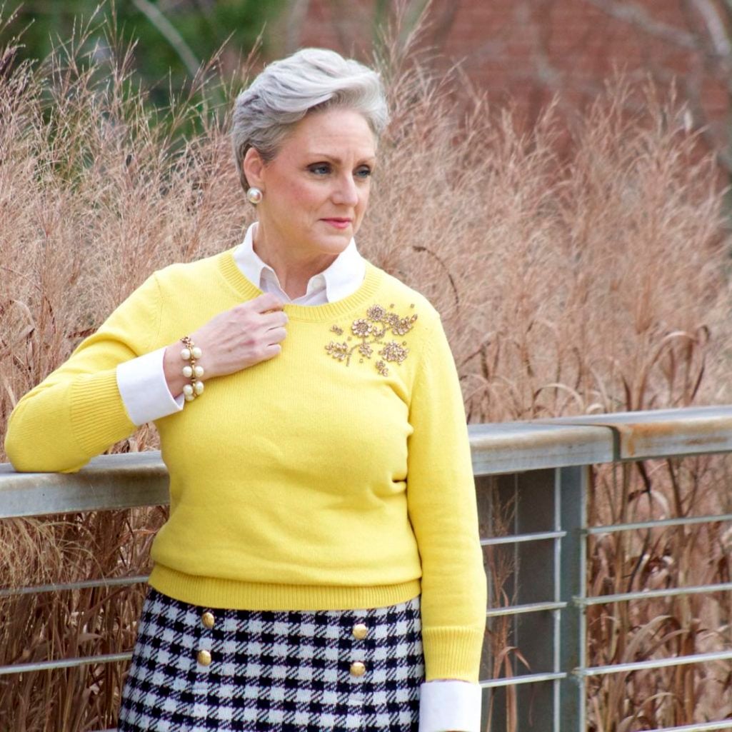 talbots houndstooth skirt, talbots seqiun sweater, navy peacoat, hermes silk scarf