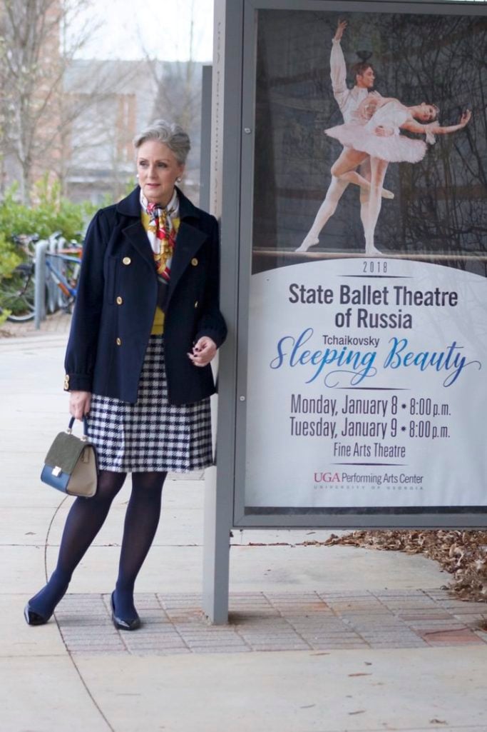 talbots houndstooth skirt, talbots seqiun sweater, navy peacoat, hermes silk scarf