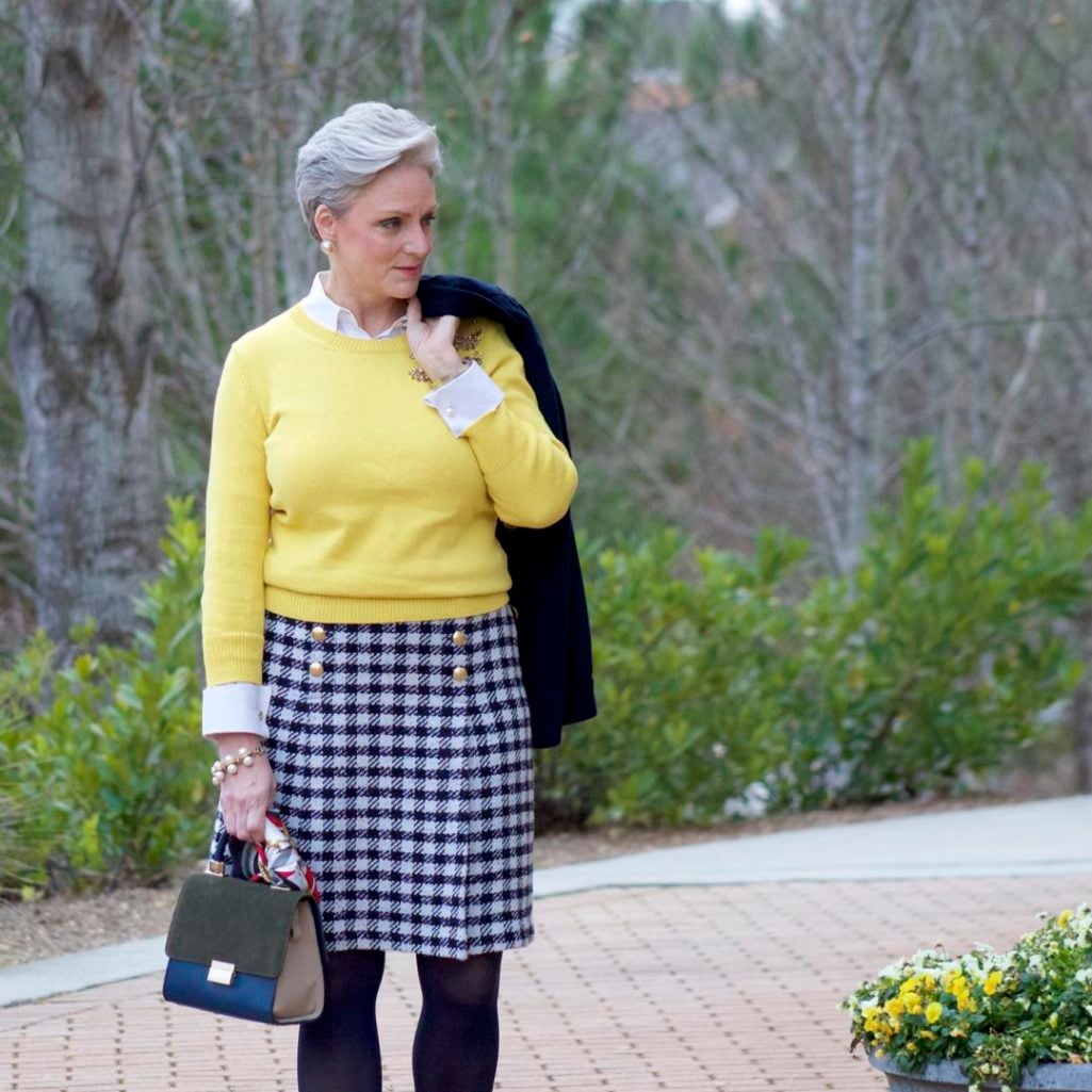 talbots houndstooth skirt, talbots seqiun sweater, navy peacoat, hermes silk scarf