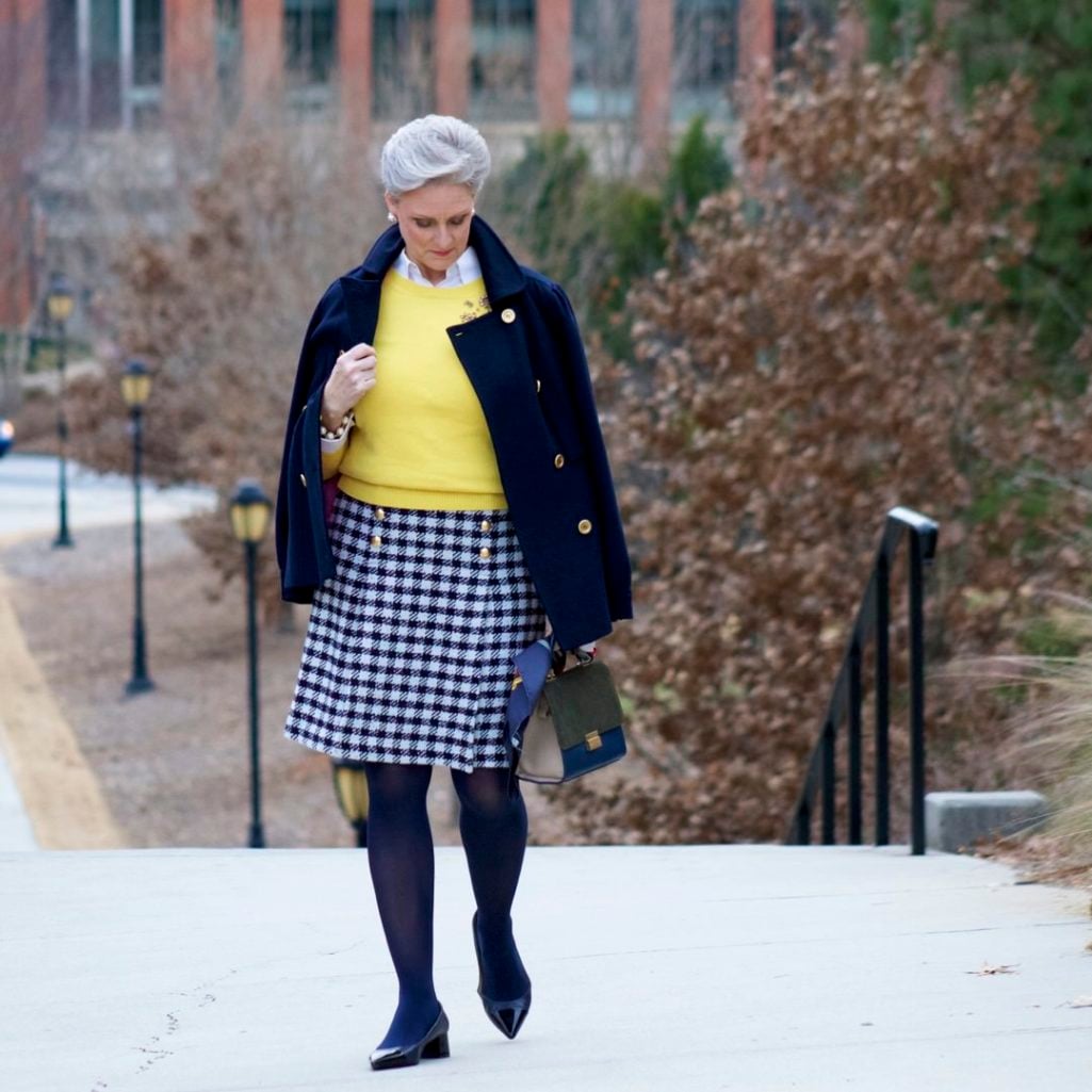 talbots houndstooth skirt, talbots seqiun sweater, navy peacoat, hermes silk scarf