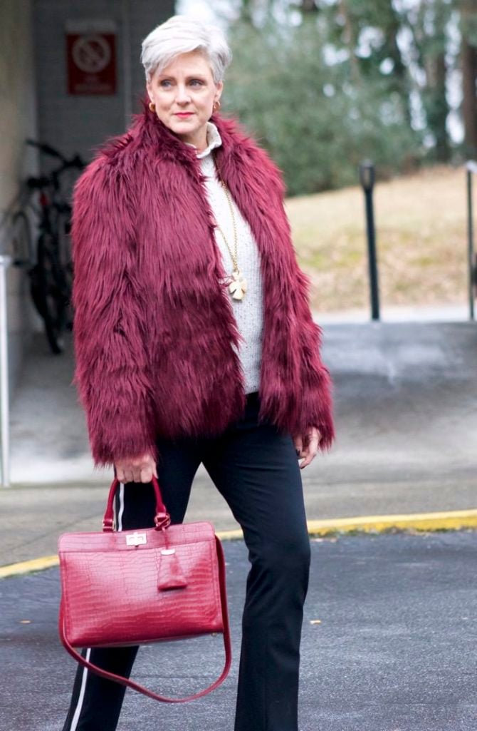 faux fur jacket, joie sweater, ann taylor track pants, vince camuto suede shoes, talbots handbag