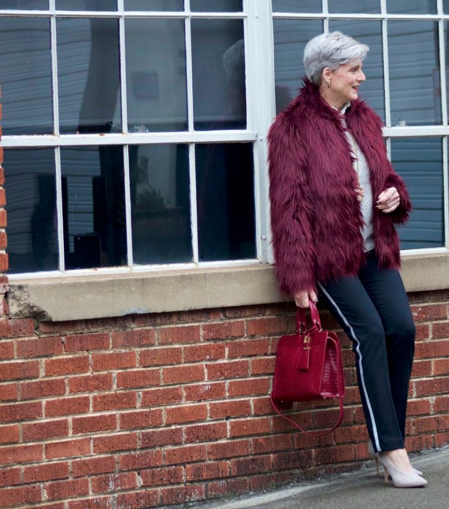 faux fur jacket, joie sweater, ann taylor track pants, vince camuto suede shoes, talbots handbag