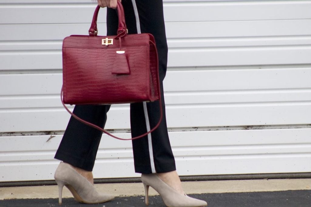 faux fur jacket, joie sweater, ann taylor track pants, vince camuto suede shoes, talbots handbag