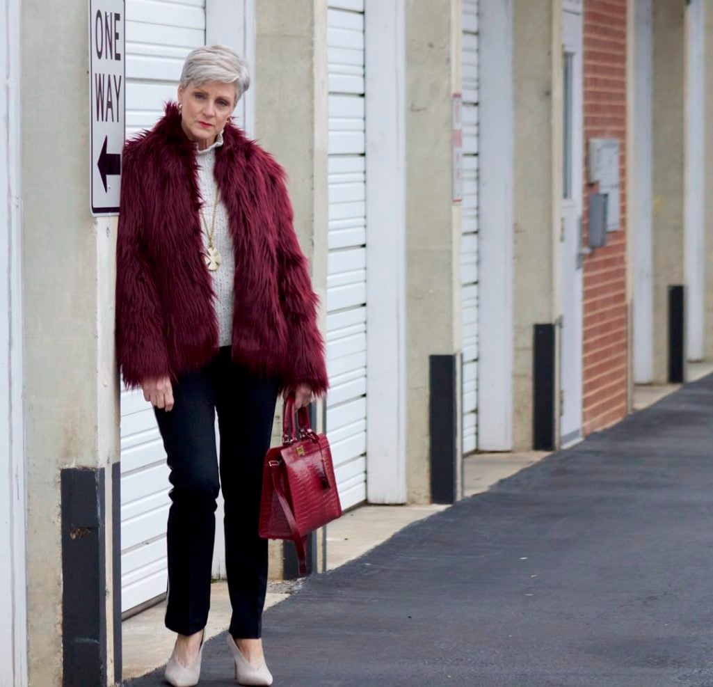 faux fur jacket, joie sweater, ann taylor track pants, vince camuto suede shoes, talbots handbag