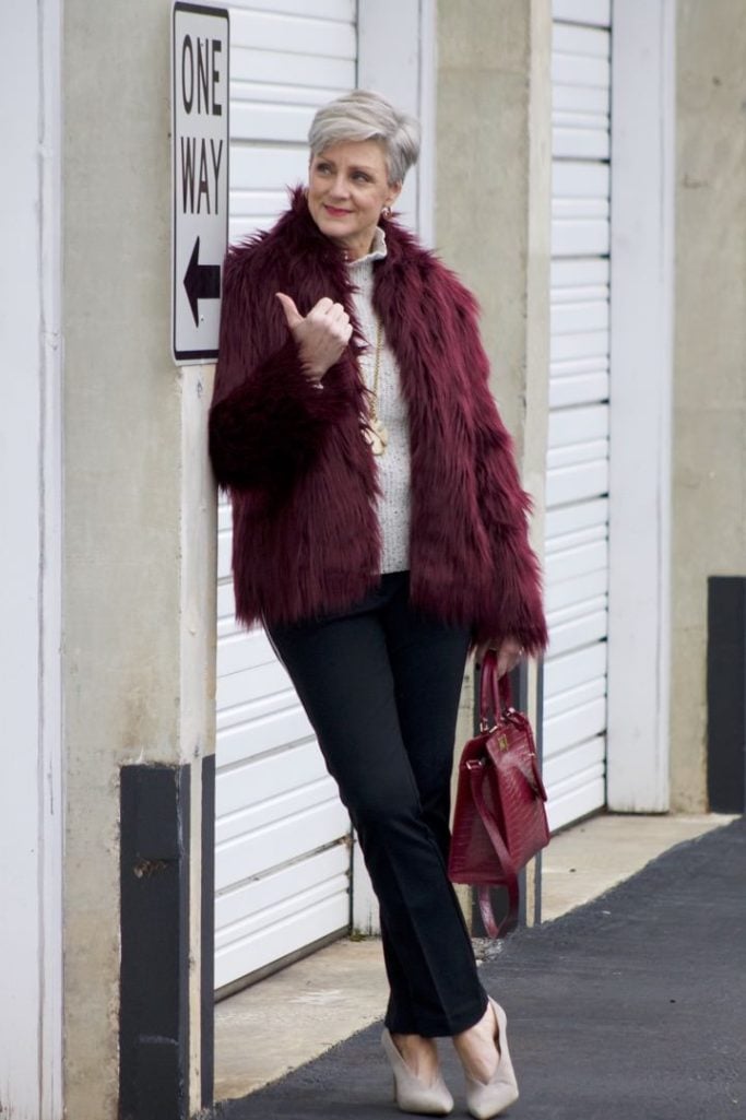 faux fur jacket, joie sweater, ann taylor track pants, vince camuto suede shoes, talbots handbag