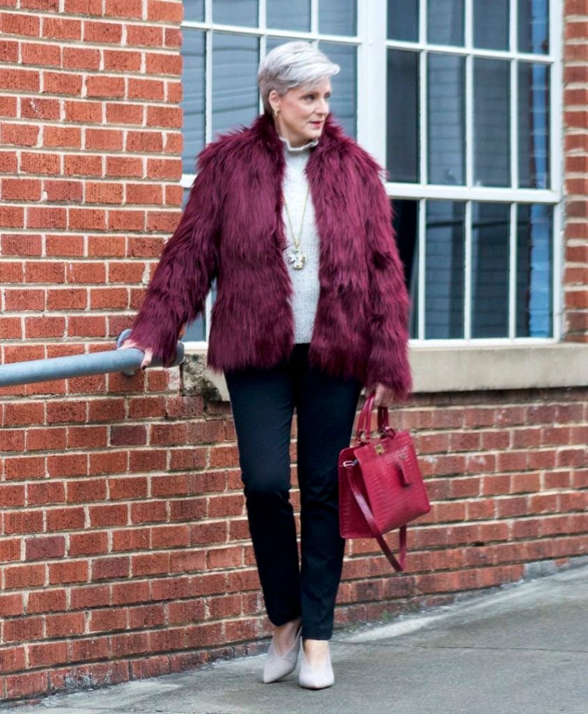 faux fur jacket, joie sweater, ann taylor track pants, vince camuto suede shoes, talbots handbag