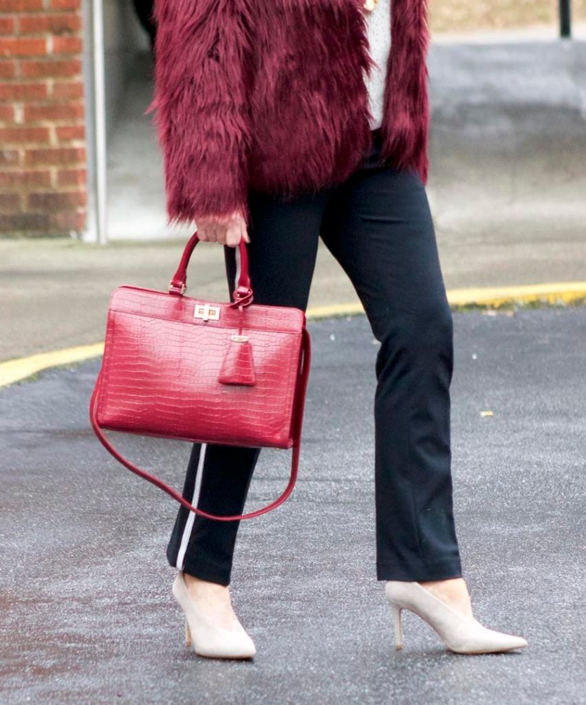 faux fur jacket, joie sweater, ann taylor track pants, vince camuto suede shoes, talbots handbag