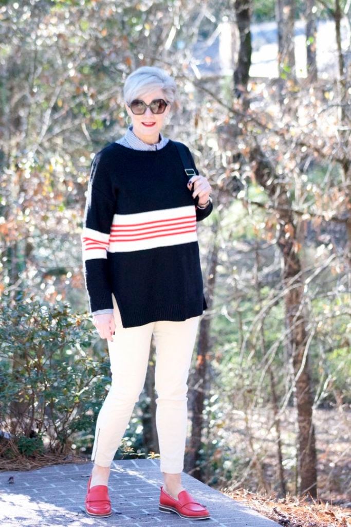 ann taylor striped sweater, j.crew striped shirt, j.crew cargo pants, coach loafers