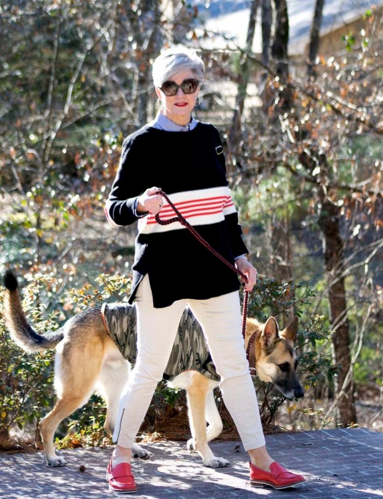 ann taylor striped sweater, j.crew striped shirt, j.crew cargo pants, coach loafers