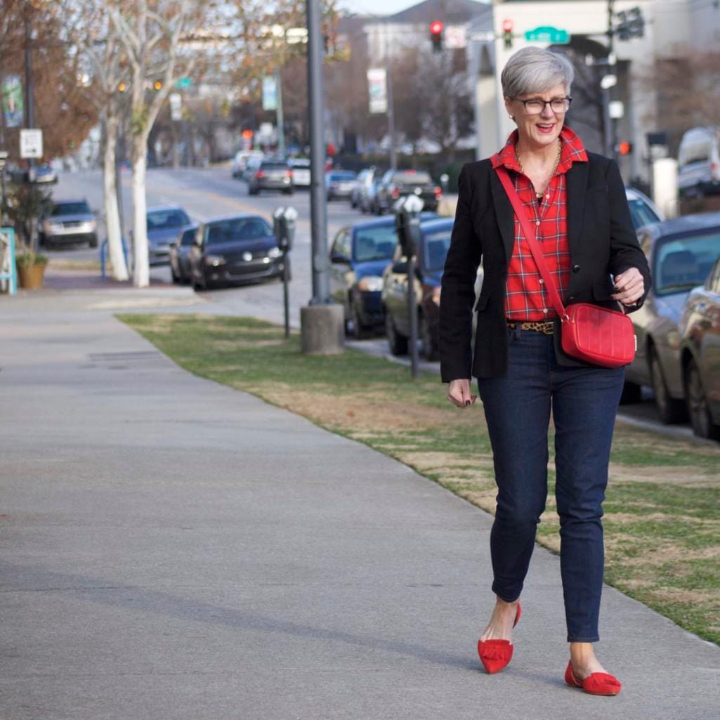 j.crew red tartan plaid shirt, banana republic black blazer, j.crew toothpick jeans, j.crew red suede shoes, talbots red camera bag