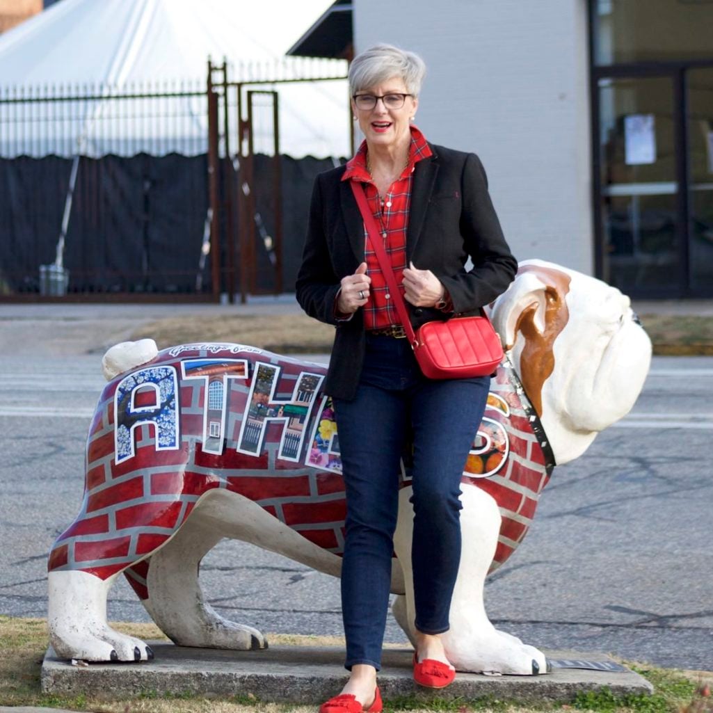 j.crew red tartan plaid shirt, banana republic black blazer, j.crew toothpick jeans, j.crew red suede shoes, talbots red camera bag