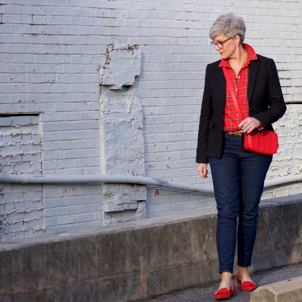 j.crew red tartan plaid shirt, banana republic black blazer, j.crew toothpick jeans, j.crew red suede shoes, talbots red camera bag