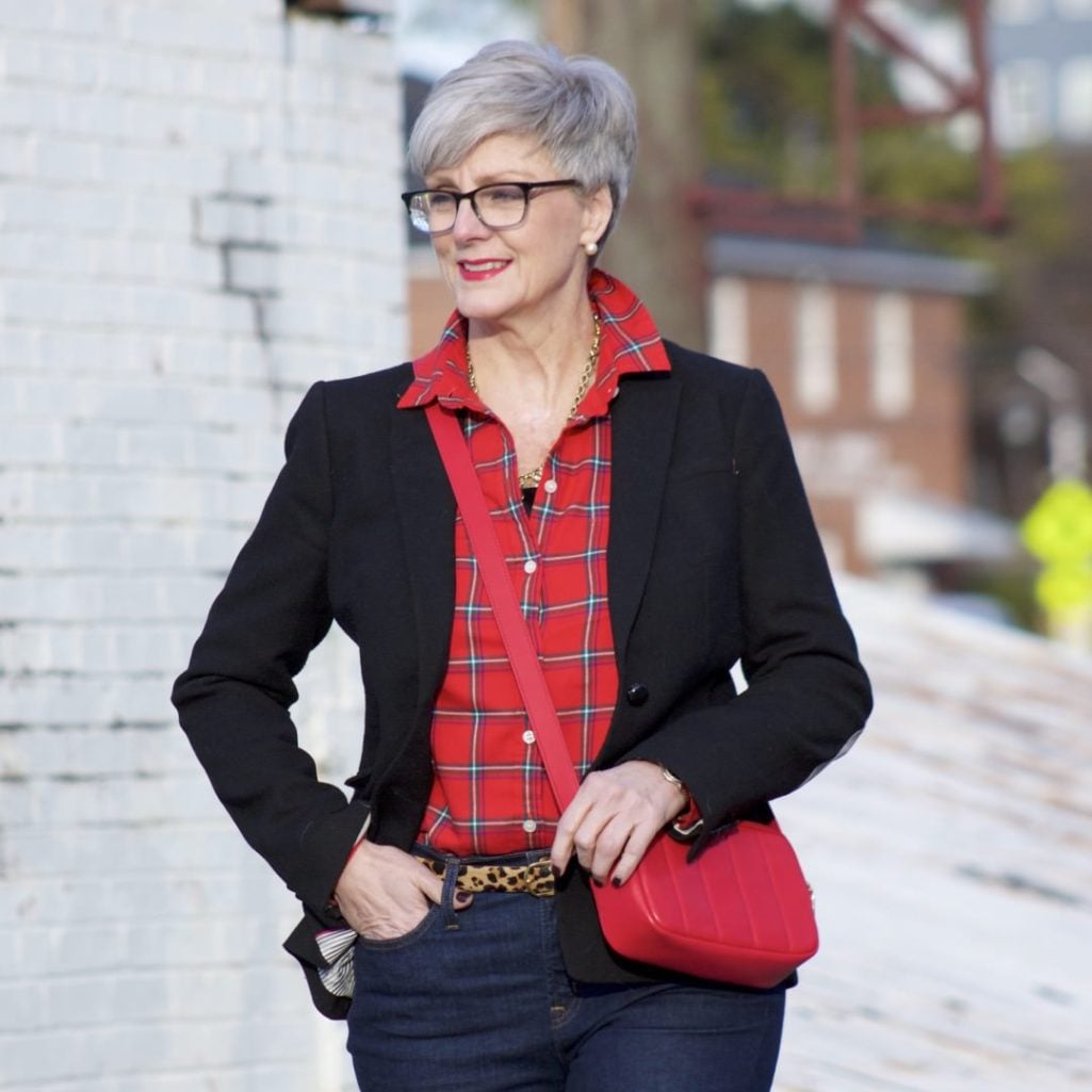 j.crew red tartan plaid shirt, banana republic black blazer, j.crew toothpick jeans, j.crew red suede shoes, talbots red camera bag