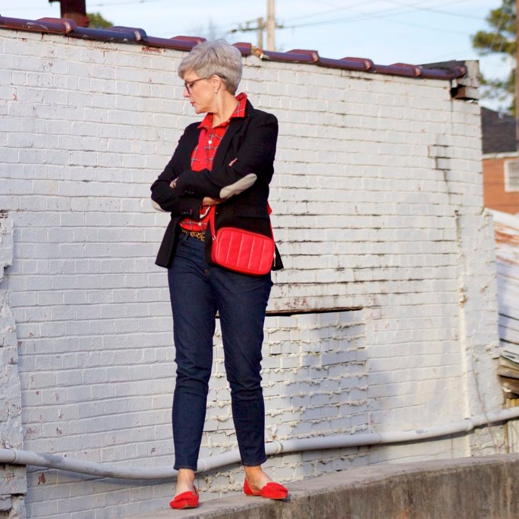 j.crew red tartan plaid shirt, banana republic black blazer, j.crew toothpick jeans, j.crew red suede shoes, talbots red camera bag