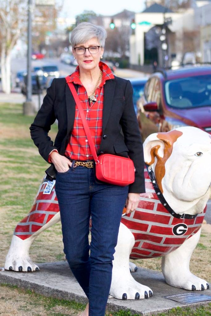 j.crew red tartan plaid shirt, banana republic black blazer, j.crew toothpick jeans, j.crew red suede shoes, talbots red camera bag