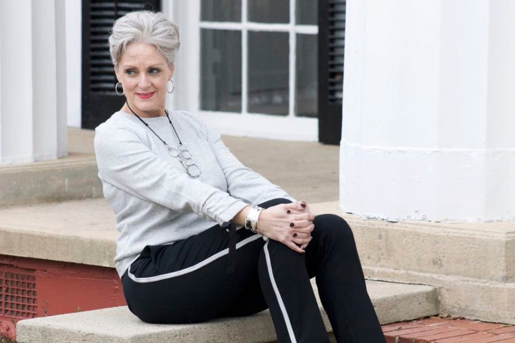 talbots gingham raincoat, ann taylor track pants and ribbon sweatshirt