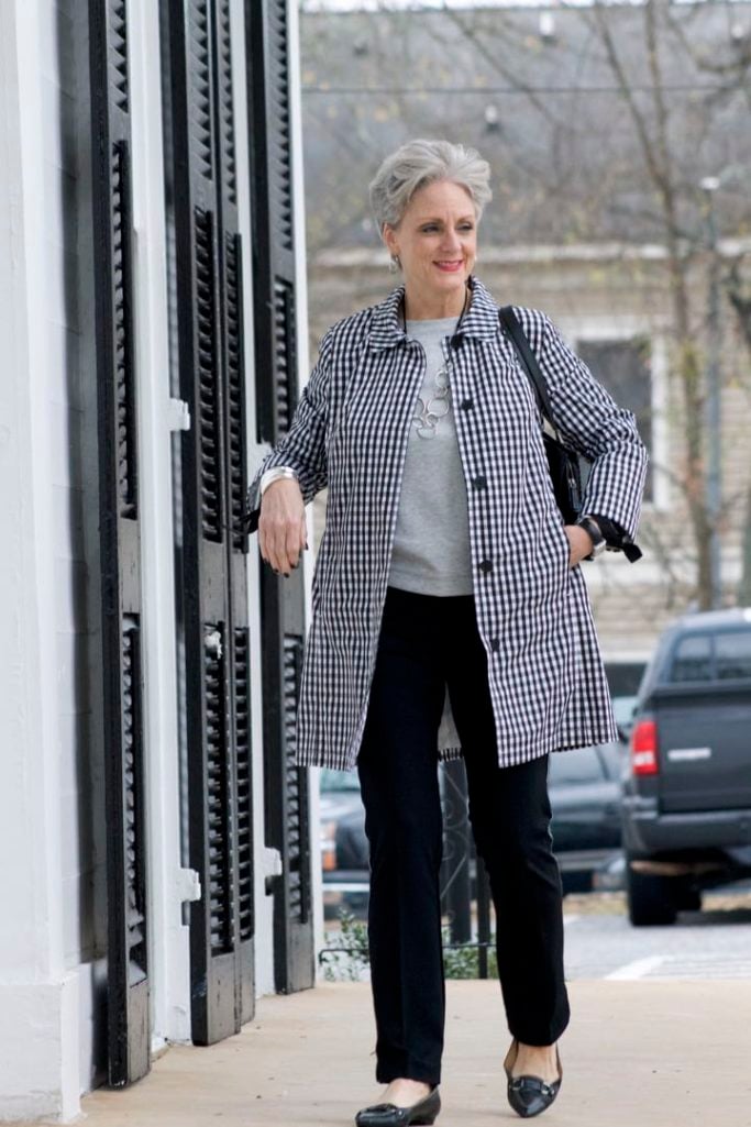 talbots gingham raincoat, ann taylor track pants and ribbon sweatshirt