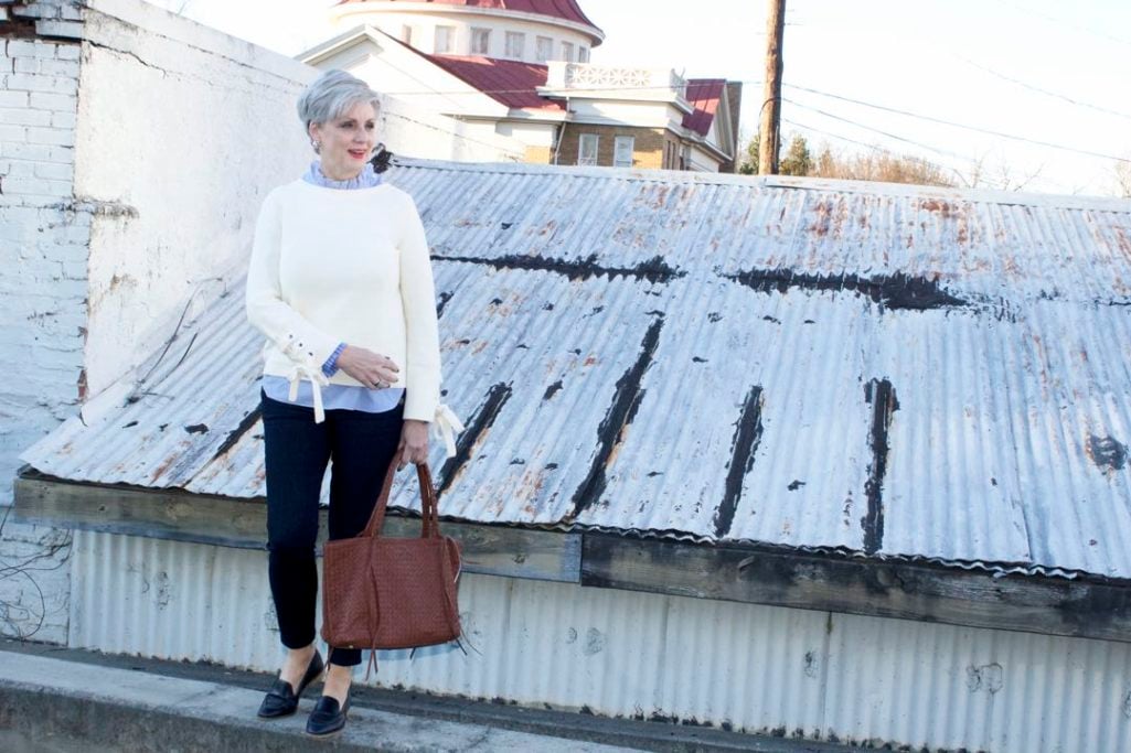 ann taylor grommet sweater, striped ruffled shirt, denim, everlane loafers