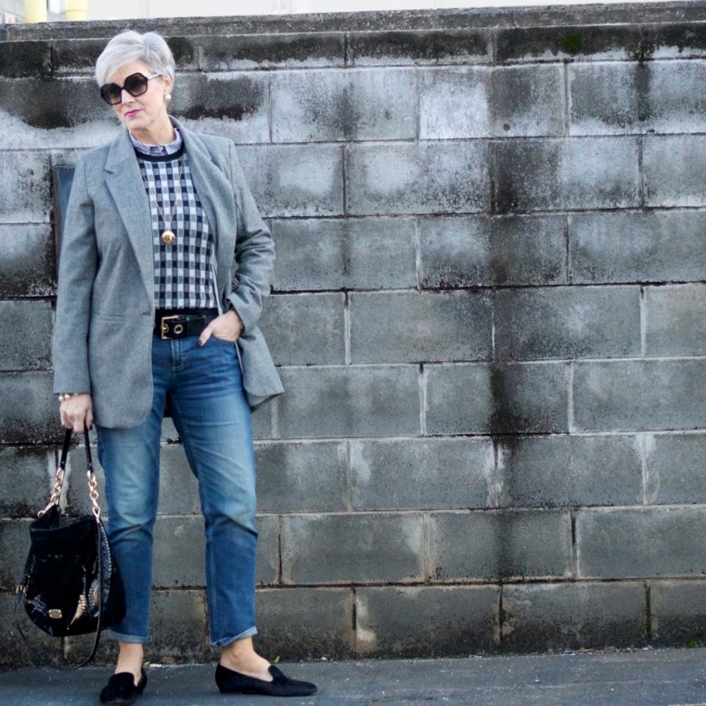 a new day blazer, j.crew cashmere vest, j.crew striped shirt, banana republic denim, michael kors handbag, tahari smoking slippers