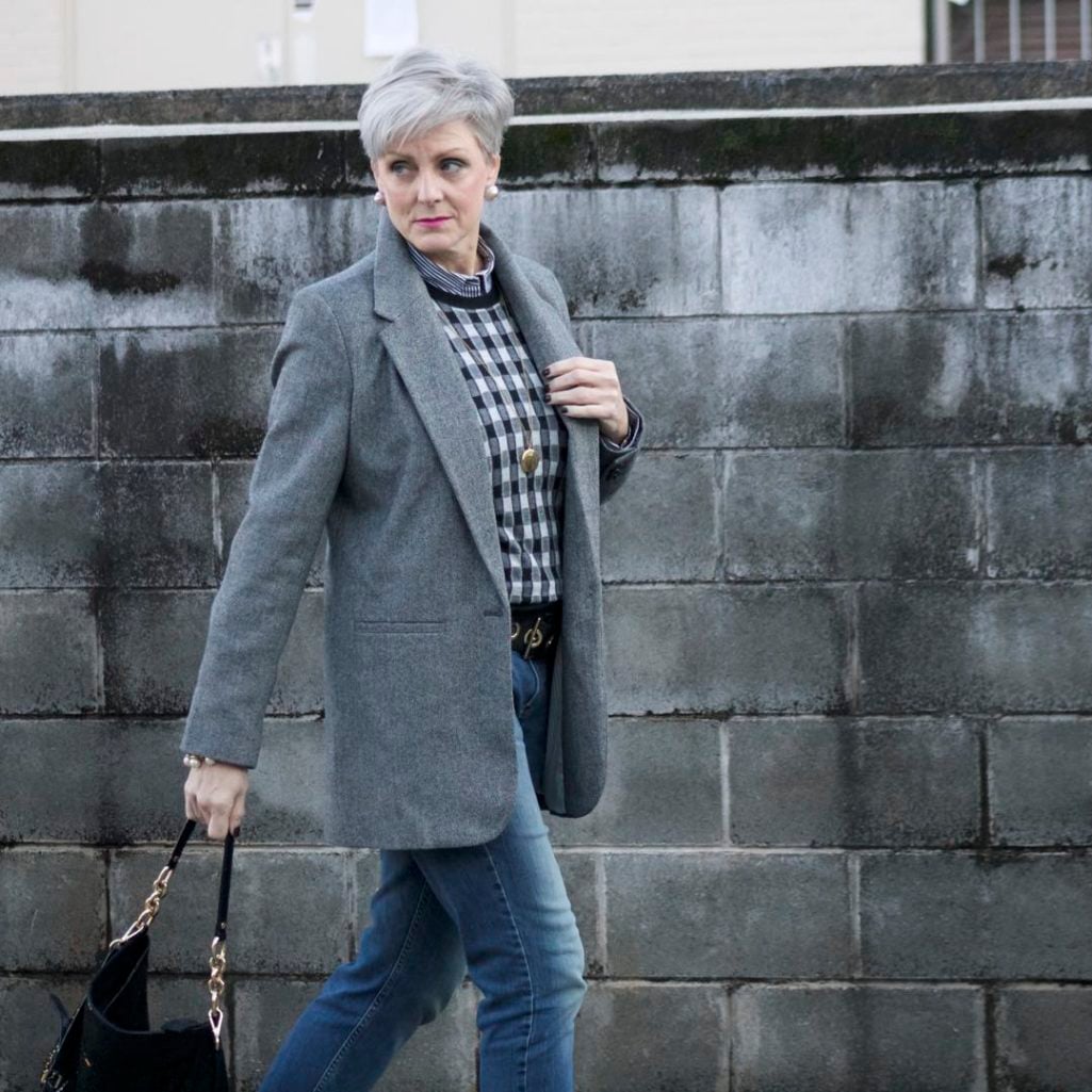 a new day blazer, j.crew cashmere vest, j.crew striped shirt, banana republic denim, michael kors handbag, tahari smoking slippers