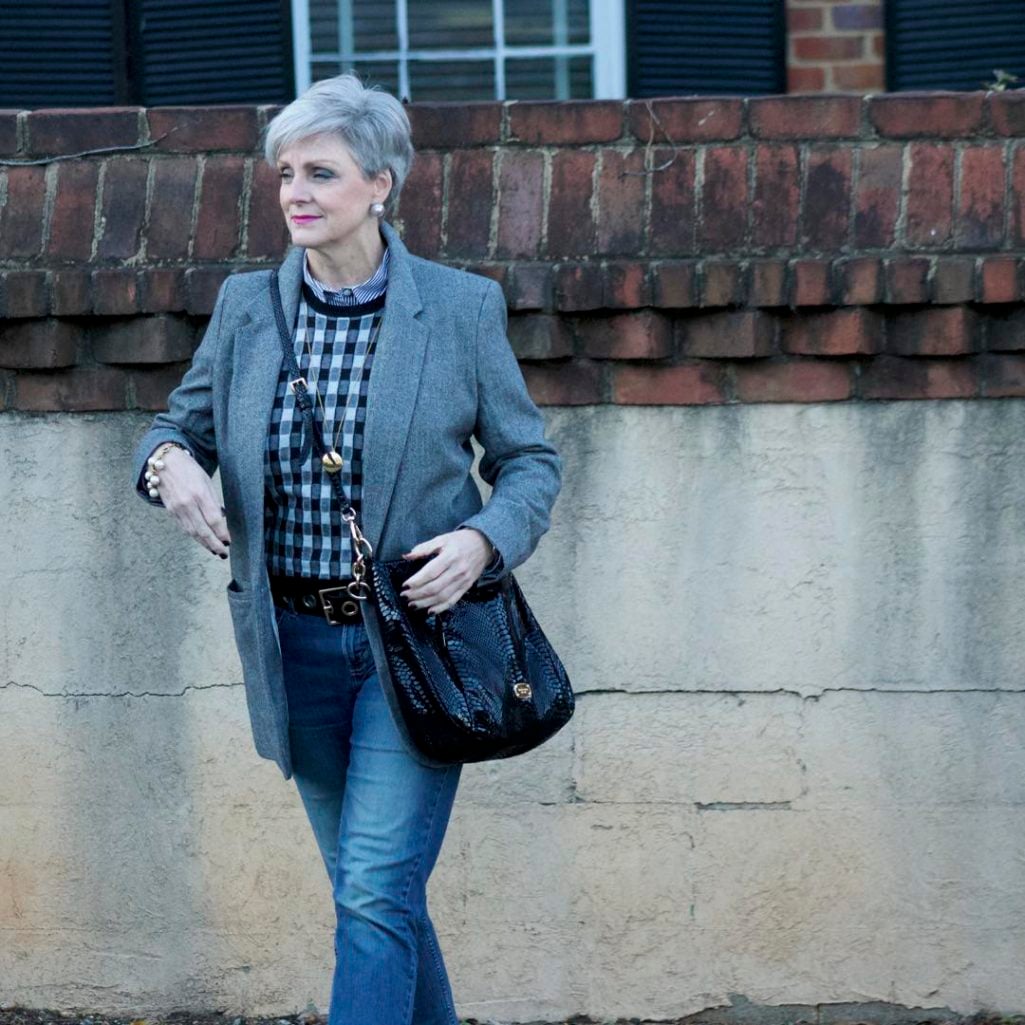a new day blazer, j.crew cashmere vest, j.crew striped shirt, banana republic denim, michael kors handbag, tahari smoking slippers