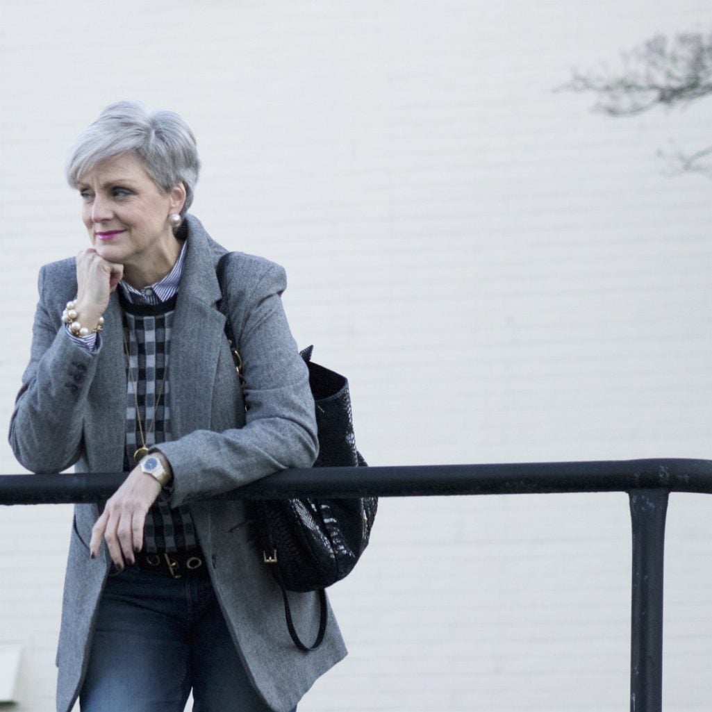 a new day blazer, j.crew cashmere vest, j.crew striped shirt, banana republic denim, michael kors handbag, tahari smoking slippers