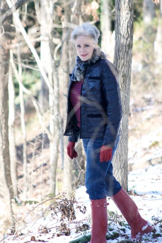 talbots puffer jacket, j.crew boyfriend jeans, hunter boots