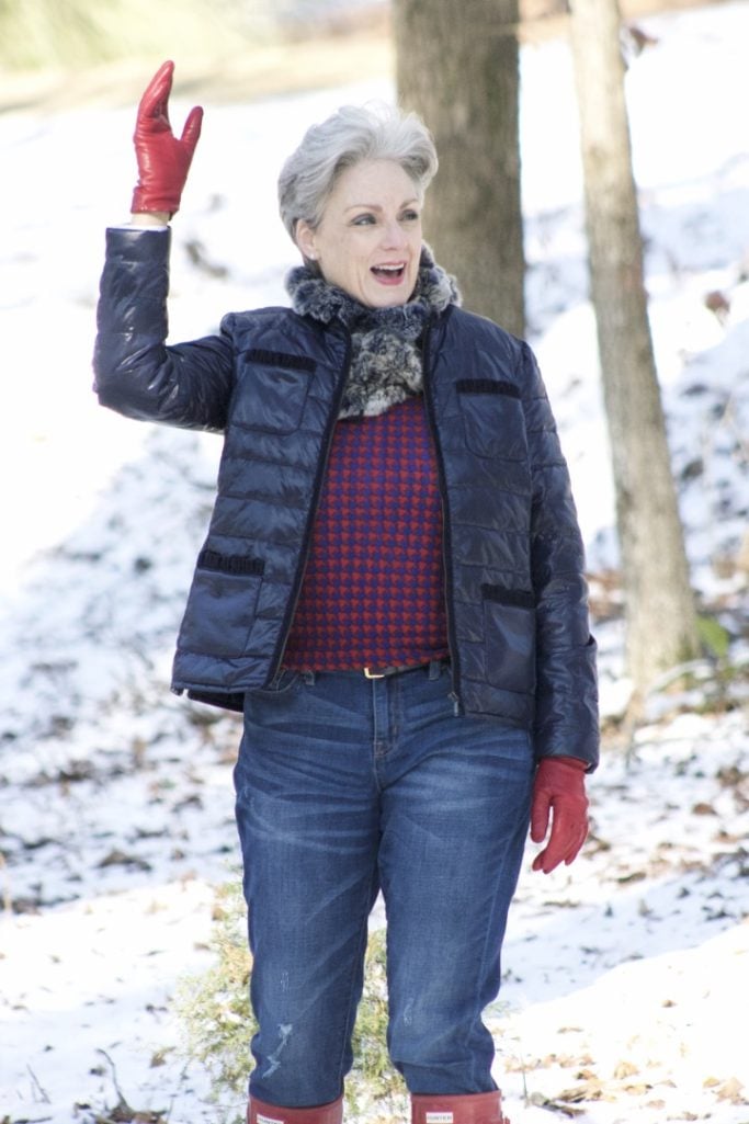 talbots puffer jacket, j.crew boyfriend jeans, hunter boots