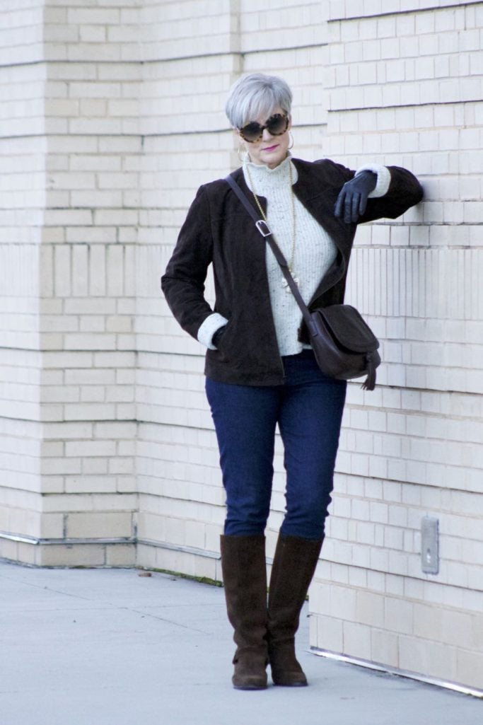 suede jacket, joie sweater, j.crew suede boots, flap crossbody bag