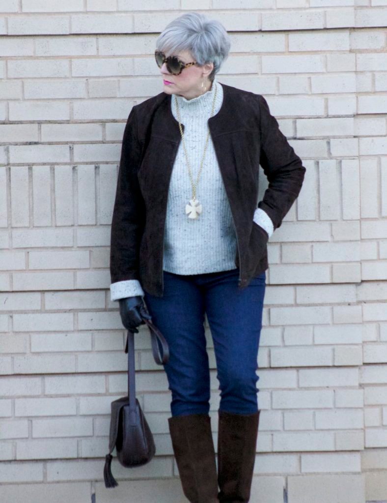 suede jacket, joie sweater, j.crew suede boots, flap crossbody bag