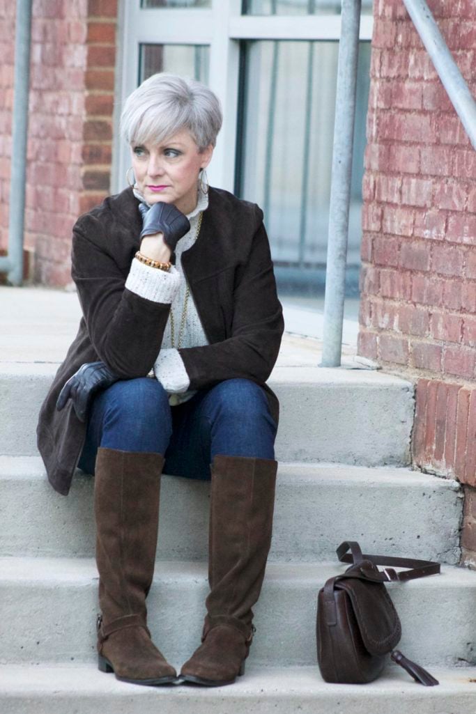 suede jacket, joie sweater, j.crew suede boots, flap crossbody bag