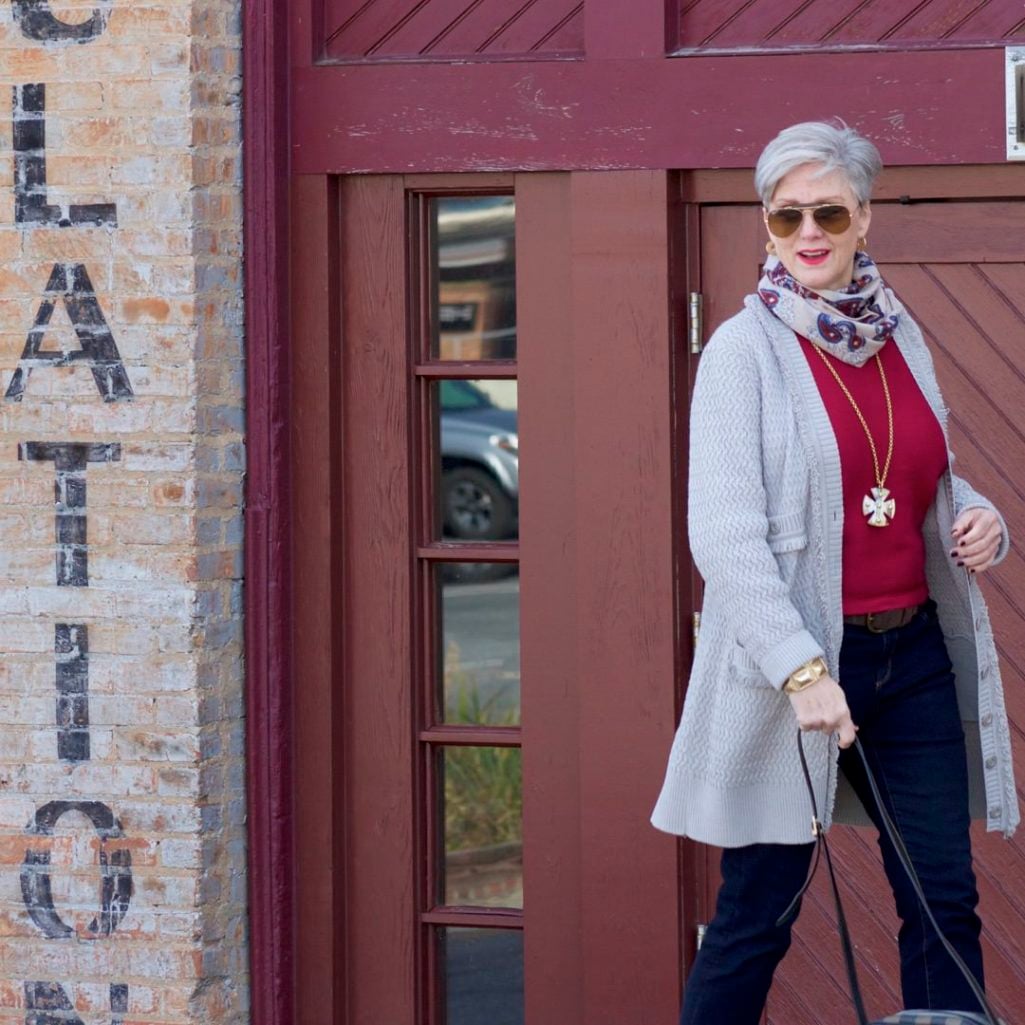 st. john knits cardigan, ralph lauren sweater, ann taylor denim, marc fisher booties, j.crew scarf