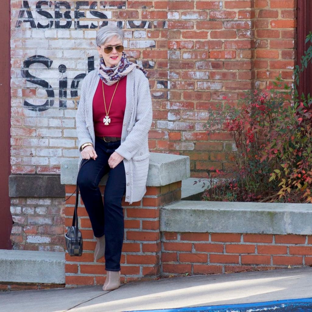 st. john knits cardigan, ralph lauren sweater, ann taylor denim, marc fisher booties, j.crew scarf