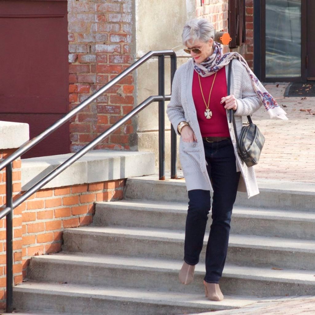st. john knits cardigan, ralph lauren sweater, ann taylor denim, marc fisher booties, j.crew scarf